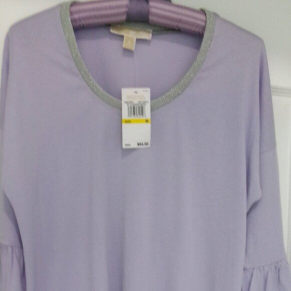 New Michael Kors Light Lilac Purple w/ Silver Shimmery Trim Bell Sleeve Top M - Picture 3 of 9